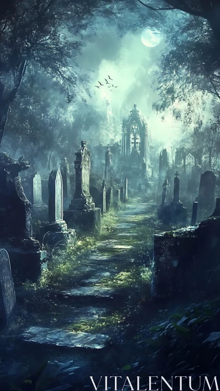 Moonlit graves trade whispers along a mist-drowned path