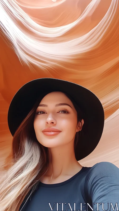 Portrait in slot canyon light with sculpted sandstone waves.
