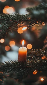 Single lit candle rests on evergreen branch with warm bokeh