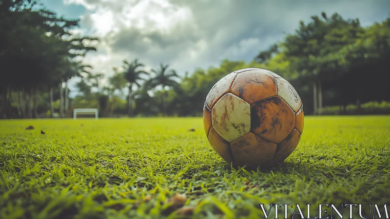 Weathered soccer ball rests on grassy pitch under clouds