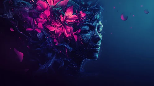 Neon dreams bloom from a quiet face drifting in deep teal