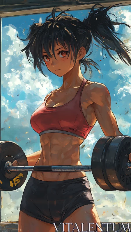 Athletic anime lifter executing barbell curl in sunlight.