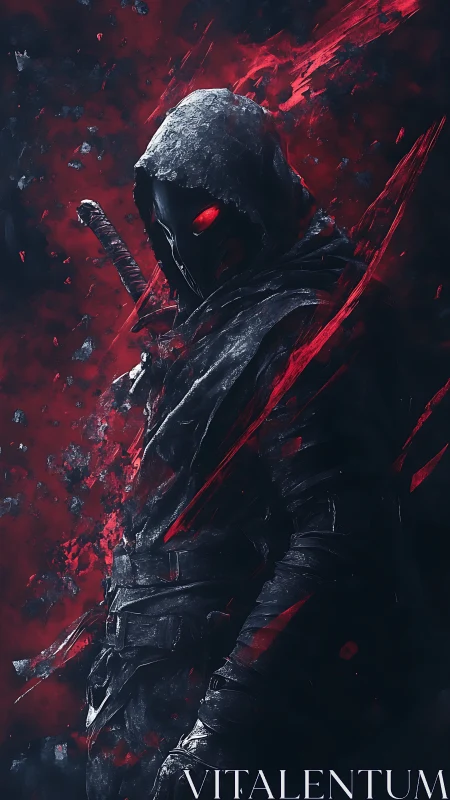 Hooded shadow assassin emerges through swirling crimson chaos