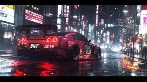 Red tuned GT-R under neon rain in cinematic Tokyo streets.