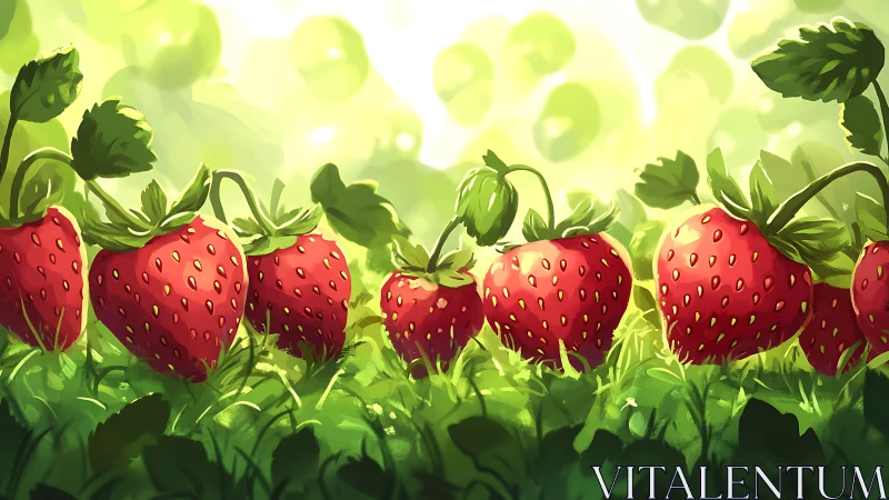 Sunlit garden strawberries glow in lush green foliage.