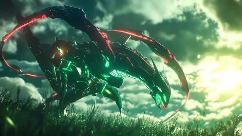 Mechanical dragon construct stands in backlit atmospheric field