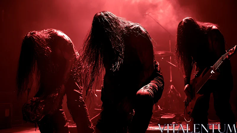 Metal band performing under red stage lighting conditions.