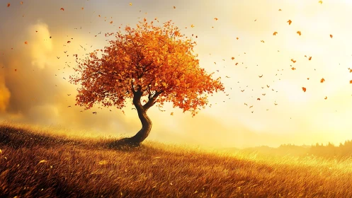 Solitary deciduous tree stands on inclined grass field