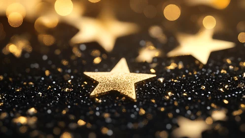 Golden glitter stars on black surface with dreamy bokeh.