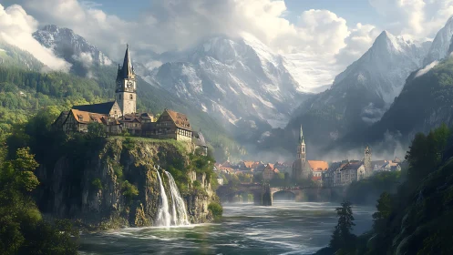 Mountain town with river, waterfalls, and church spires.