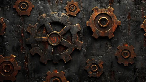 Rusty metal gears turning with quiet industrial charm.