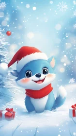 Digital painting of festive blue fox in snowy Christmas scene.