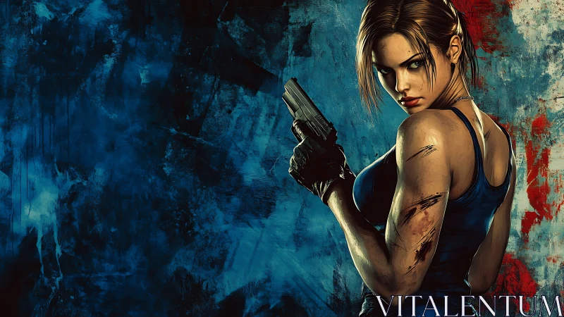 Battle-scarred heroine aiming pistol against grunge backdrop.