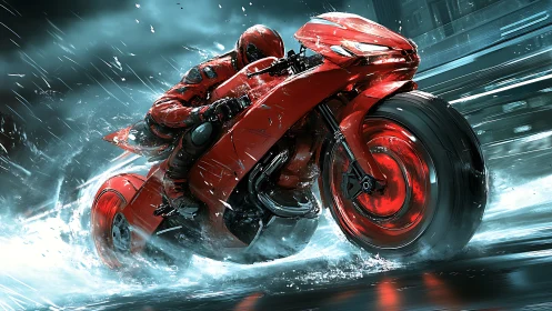 Crimson superbike sprinting through neon storm waters.