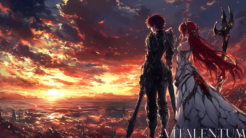 Armored couple overlooking expansive sunset horizon.