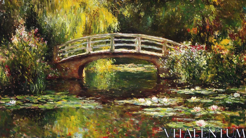 Wooden garden bridge spans reflective lily pond at dusk.