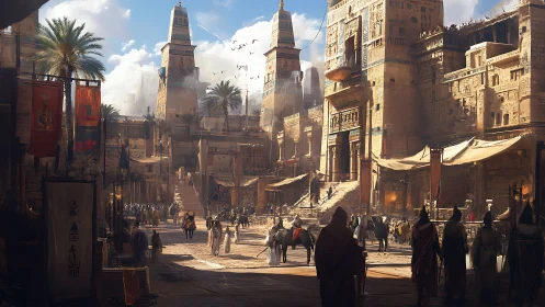 Sunlit sandstone citadel where hooded travelers weave stories.