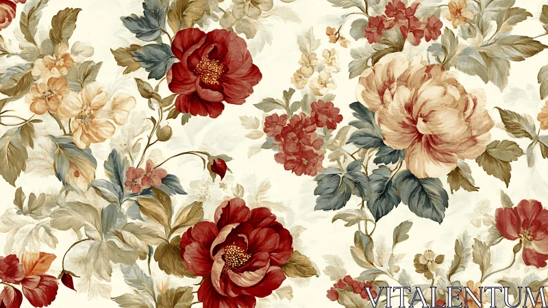 Botanical floral composition featuring red peonies and cream roses with layered watercolor rendering