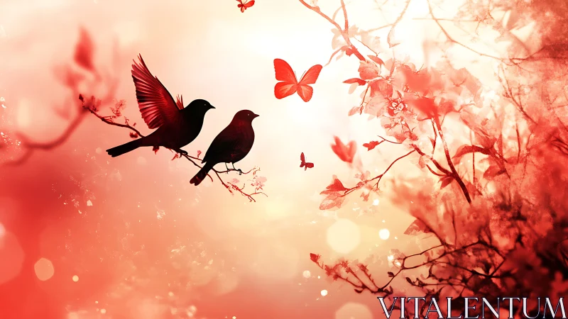 Two Birds and Butterflies in Red Floral Garden Scene.