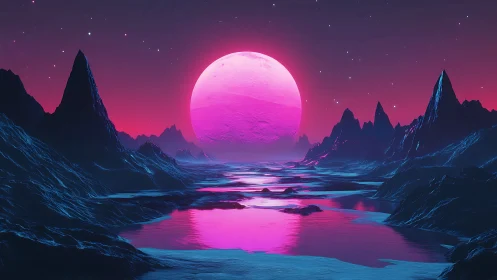 Neon alien landscape under large glowing pink moon.