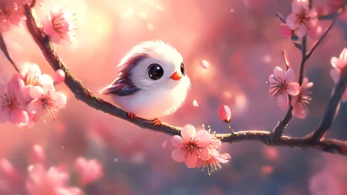Tiny white songbird rests on cherry blossom branch softly