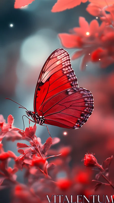 Scarlet butterfly on glowing bokeh flowers at dusk.