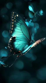 Large teal butterfly in sharp focus against blurred teal bokeh