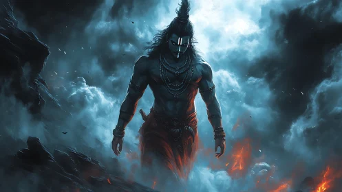 Stormforged warrior strides through ash, cloud and ember.