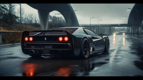 Rear three-quarter view of black supercar on rainy highway