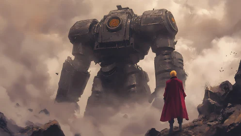 Lone figure observing massive combat mech in foggy ruins.