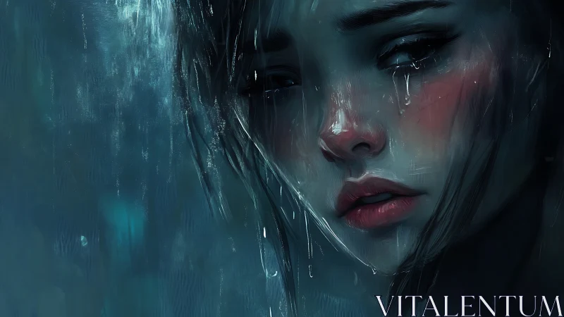 Melancholic female portrait rendered in moody blue rain