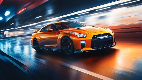 Orange sports car racing through neon lit tunnel at speed.