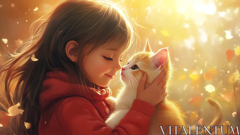 Tender moment as child and kitten share soft golden light.