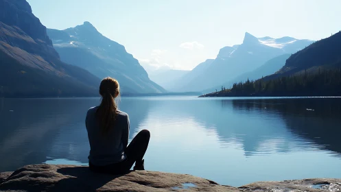 Backlit figure at alpine lake with glacial peaks reflected