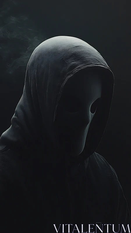 Hooded figure with matte mask rendered in low key volumetric lighting