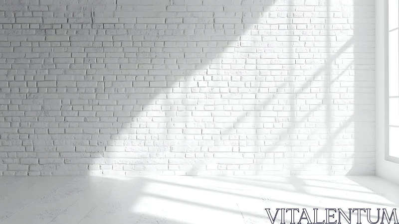 Sunlit white brick wall casts soft shadows in minimal room