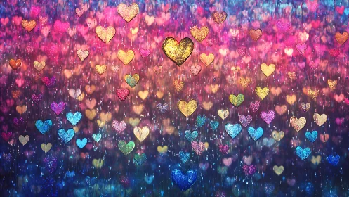 Cascading glitter hearts in gradient spectrum background composition.