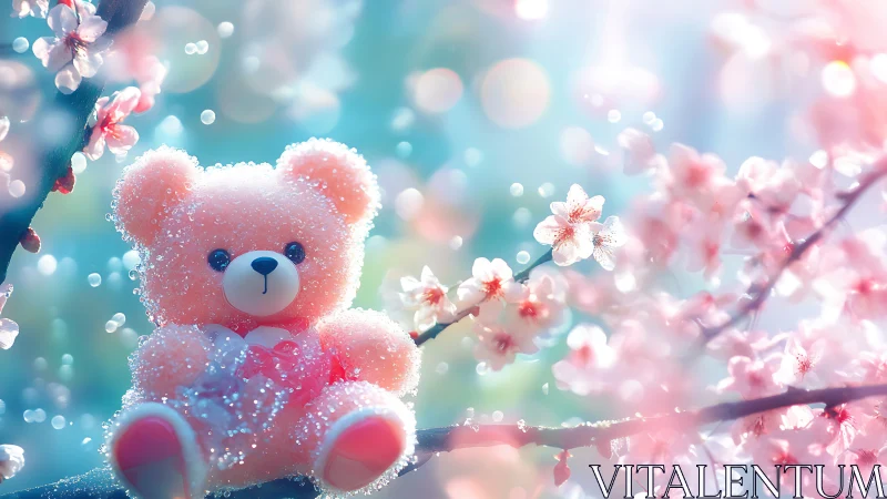Sparkling teddy bear daydream among soft cherry blossoms.