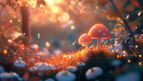 Enchanted forest mushrooms under warm glowing bokeh light.