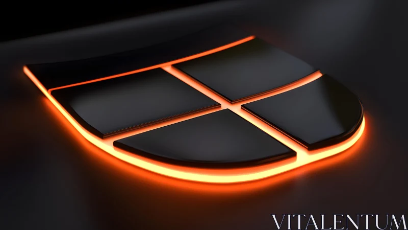 Futuristic Black Shield Logo with Orange Neon Glow, 3D Render.