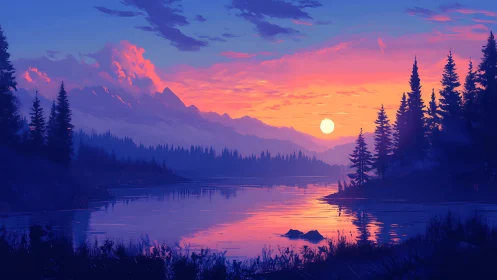 Sunlit mountain lake glows beneath a vivid twilight sky.