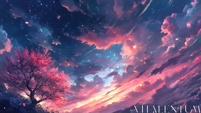 Pink blossoming tree under luminous sunset cloudscape