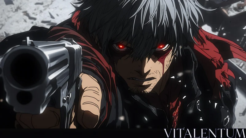 Fierce silver haired antihero aims forward with burning resolve.