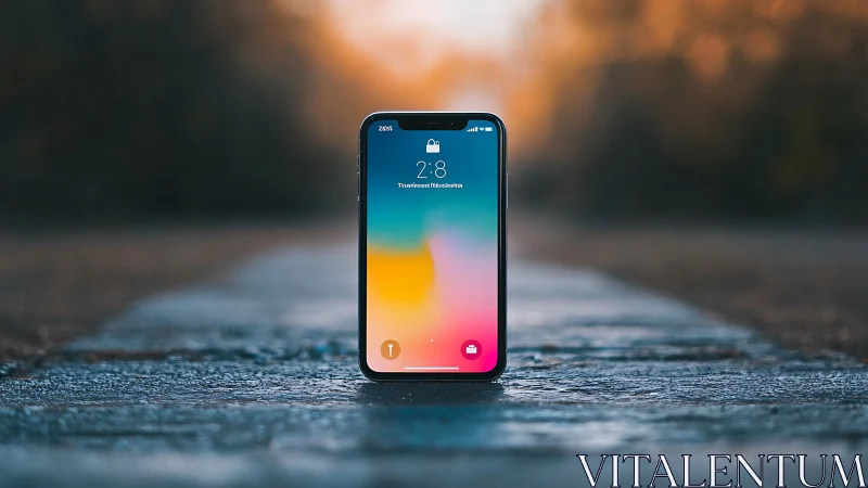 Smartphone Lock Screen. Vibrant Gradient Display on Road.