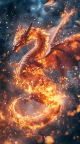 Volumetric fire dragon with embers in dynamic aerial spiral