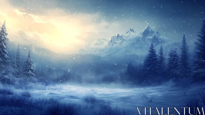 Gentle winter valley beneath glowing mountain sunrise.