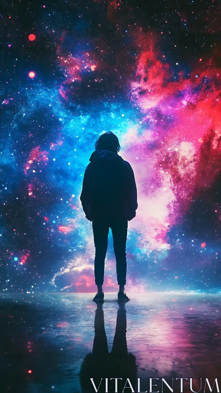 Stargazing silhouette adrift in neon cosmic tides of wonder.