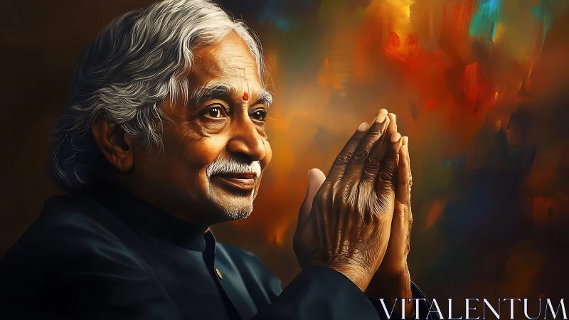 Elderly Indian man in namaste gesture, warm bokeh backdrop