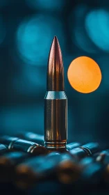 Single metallic bullet stands upright against blurred lights