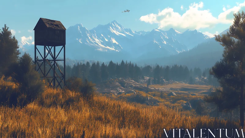 Wooden watchtower overlooks distant snowy mountain range